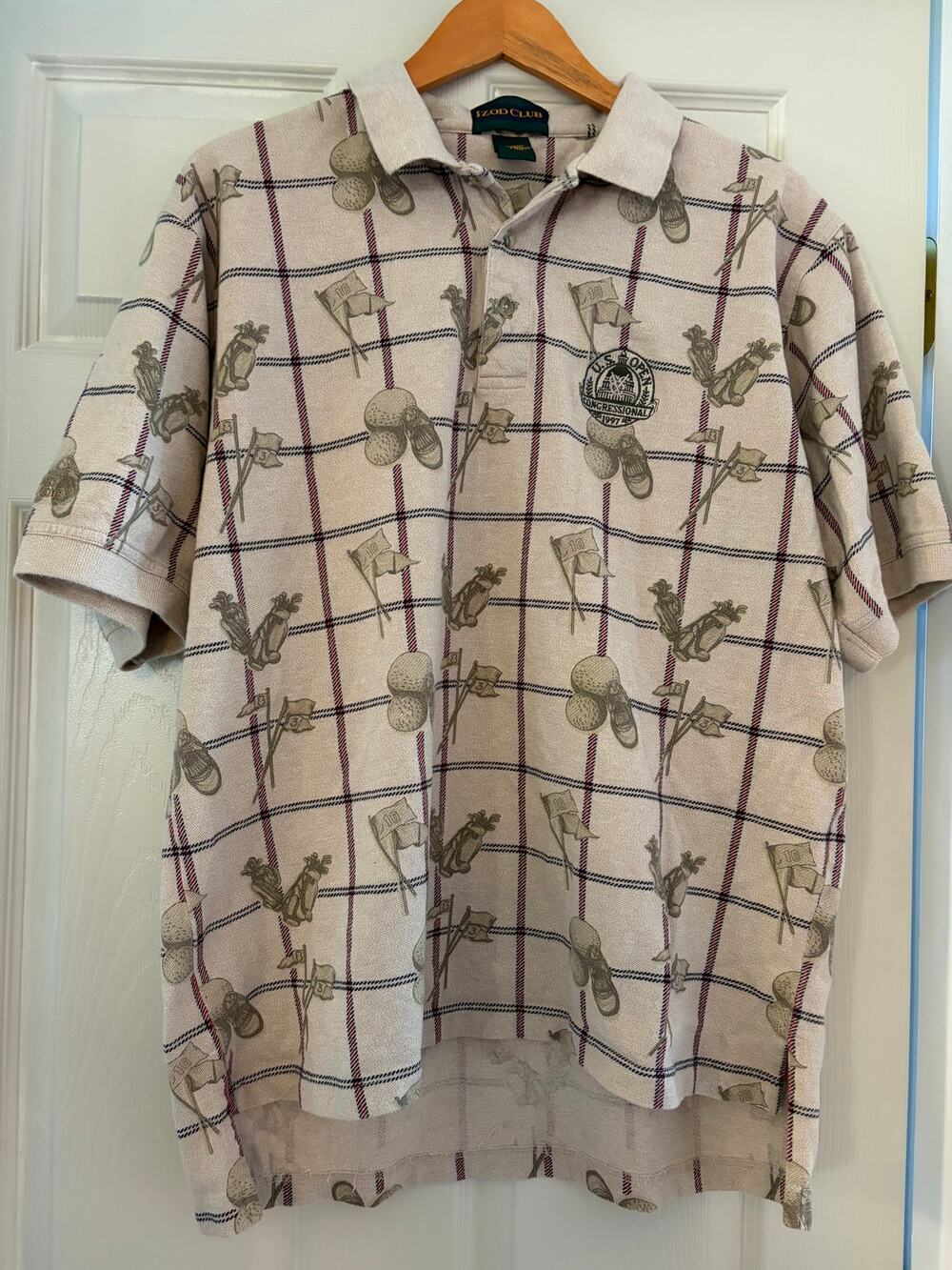 Vintage Izod Club Men L Polo Shirt 1997 US Open Congressional Golf Plaid Beige